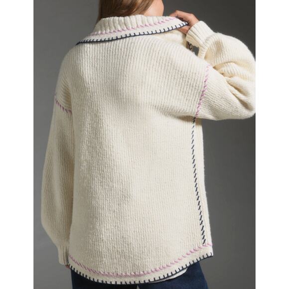 Anthropologie Maeve Collared Whipstitch Open Cardigan Sweater Ivory - Picture 7 of 7